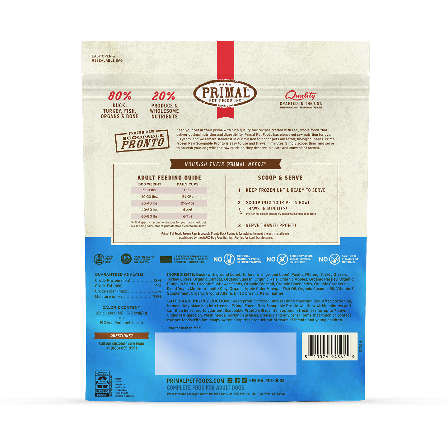 Frozen Raw Scoopable Pronto Dog Food - Duck Recipe
