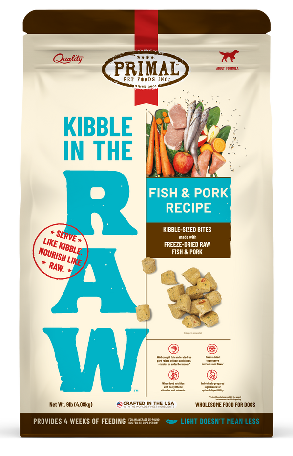 Kibble in the Raw Dog Food – Fish & Pork Recipe – Primal Pet Foods